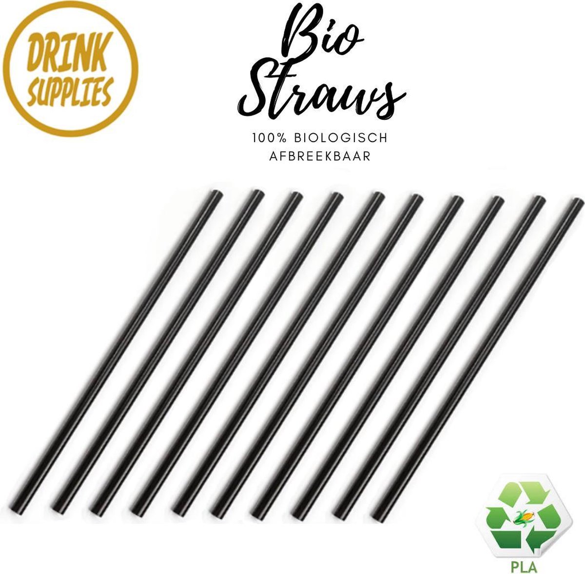 400 Hoogkwalitatieve Bio Straws Recht | Bio Plastic Drinkrietjes | 100% Biologisch Afbreekbaar | Bio PLA | Recht Rietje | Cocktail | Longdrink | Party | Feest | Smoothie | Cocktail | Pailles Bio | Zwart/Black/Noir  | 25CM/8MM